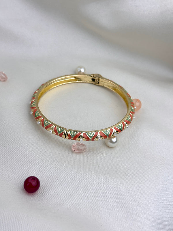 Handcrafted Two-Tone Enamel Pearl-Studded Cascading Hearts Bangle