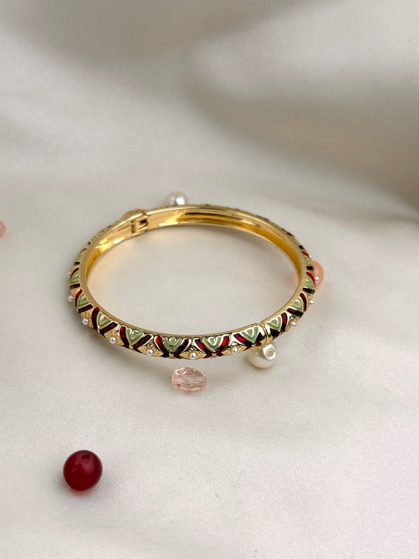 Handcrafted Two-Tone Enamel Pearl-Studded Cascading Hearts Bangle