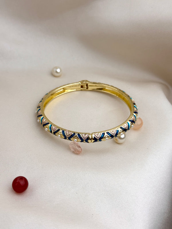 Handcrafted Two-Tone Enamel Pearl-Studded Cascading Hearts Bangle