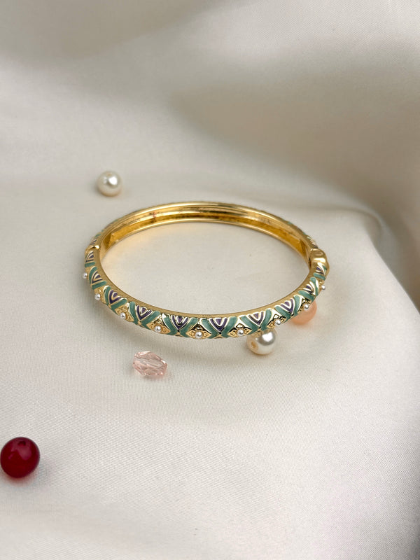Handcrafted Two-Tone Enamel Pearl-Studded Cascading Hearts Bangle