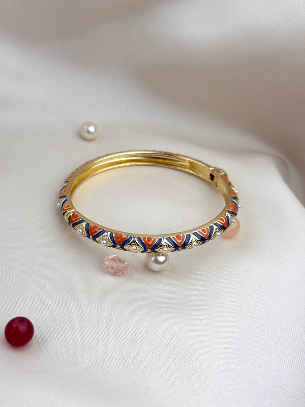 Handcrafted Two-Tone Enamel Pearl-Studded Cascading Hearts Bangle
