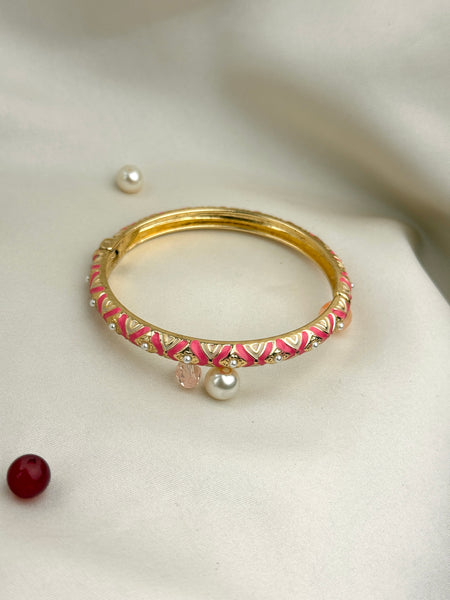 Handcrafted Two-Tone Enamel Pearl-Studded Cascading Hearts Bangle